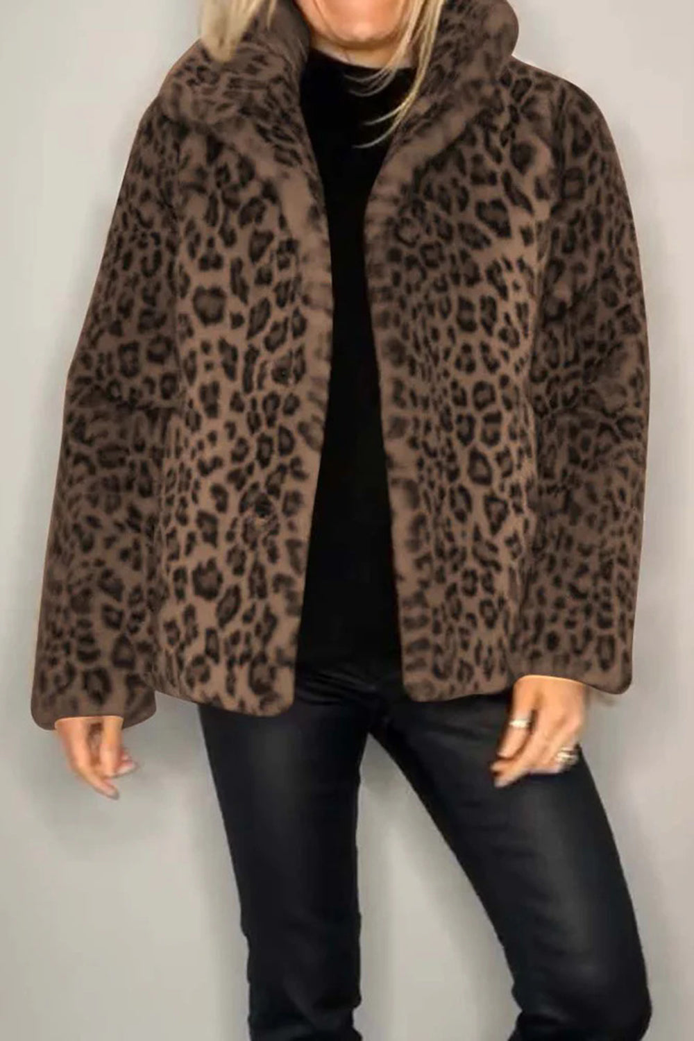 LEOPARD FURRY COLLARED NECK COAT