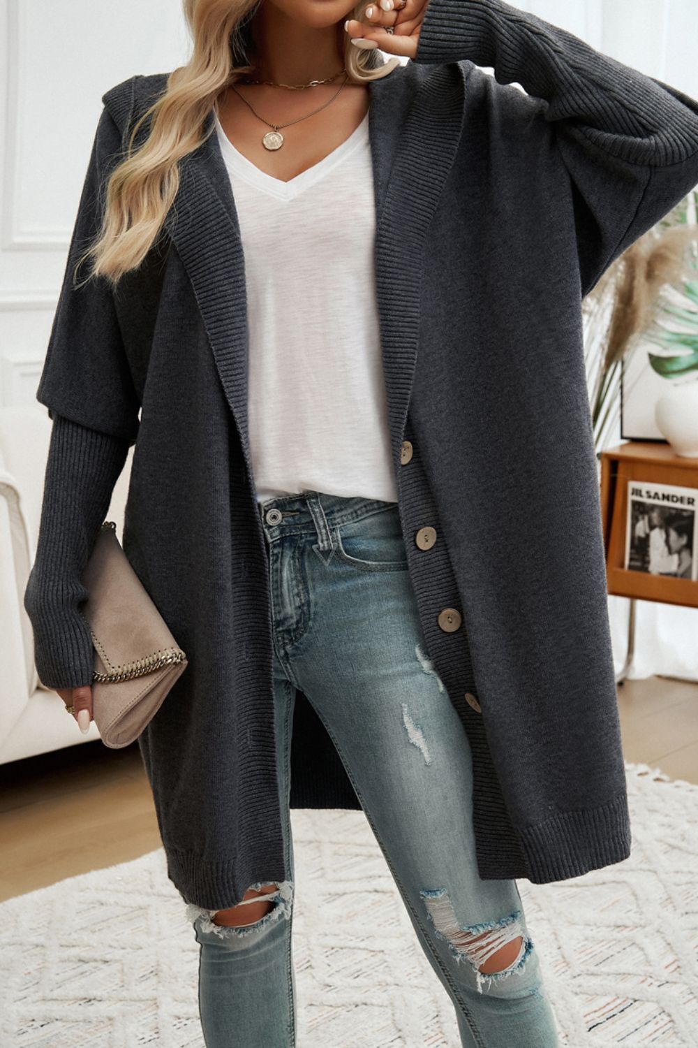 DEVINE BUTTON UP LONG SLEEVE HOODED CARDIGAN