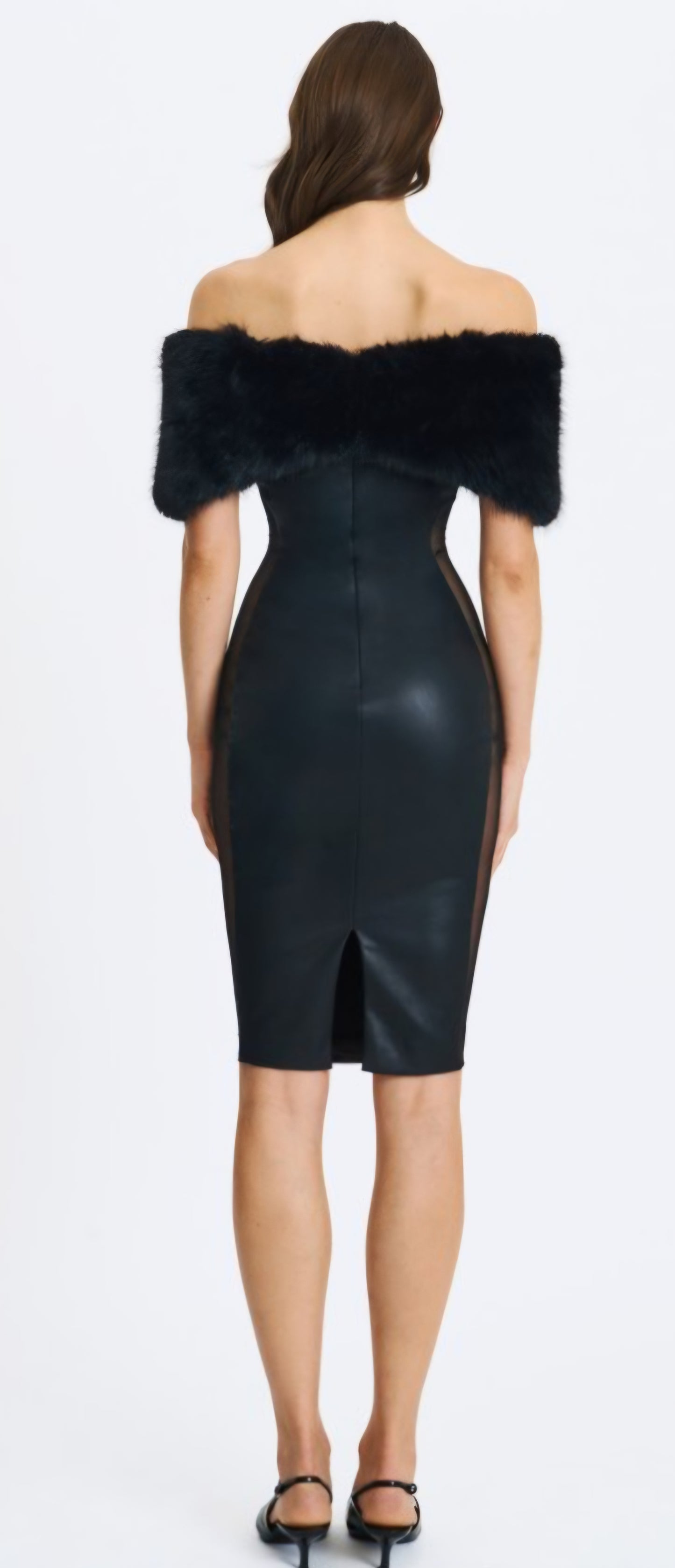 MISS CIRCLE BELLIS FUR TRIMMED MESH OFF THE SHOULDER MIDI DRESS