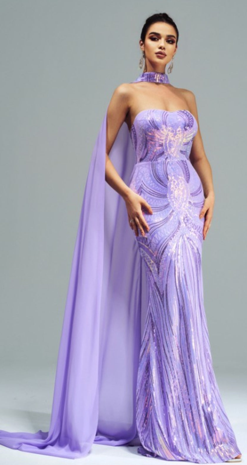STRAPLESS SEQUIN CAPE MERMAID GOWN