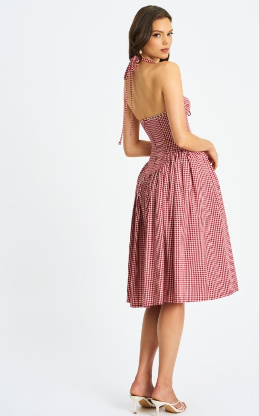 MISS CIRCLE SUSANNA GINGHAM HALTER DROP WAIST MIDI DRESS