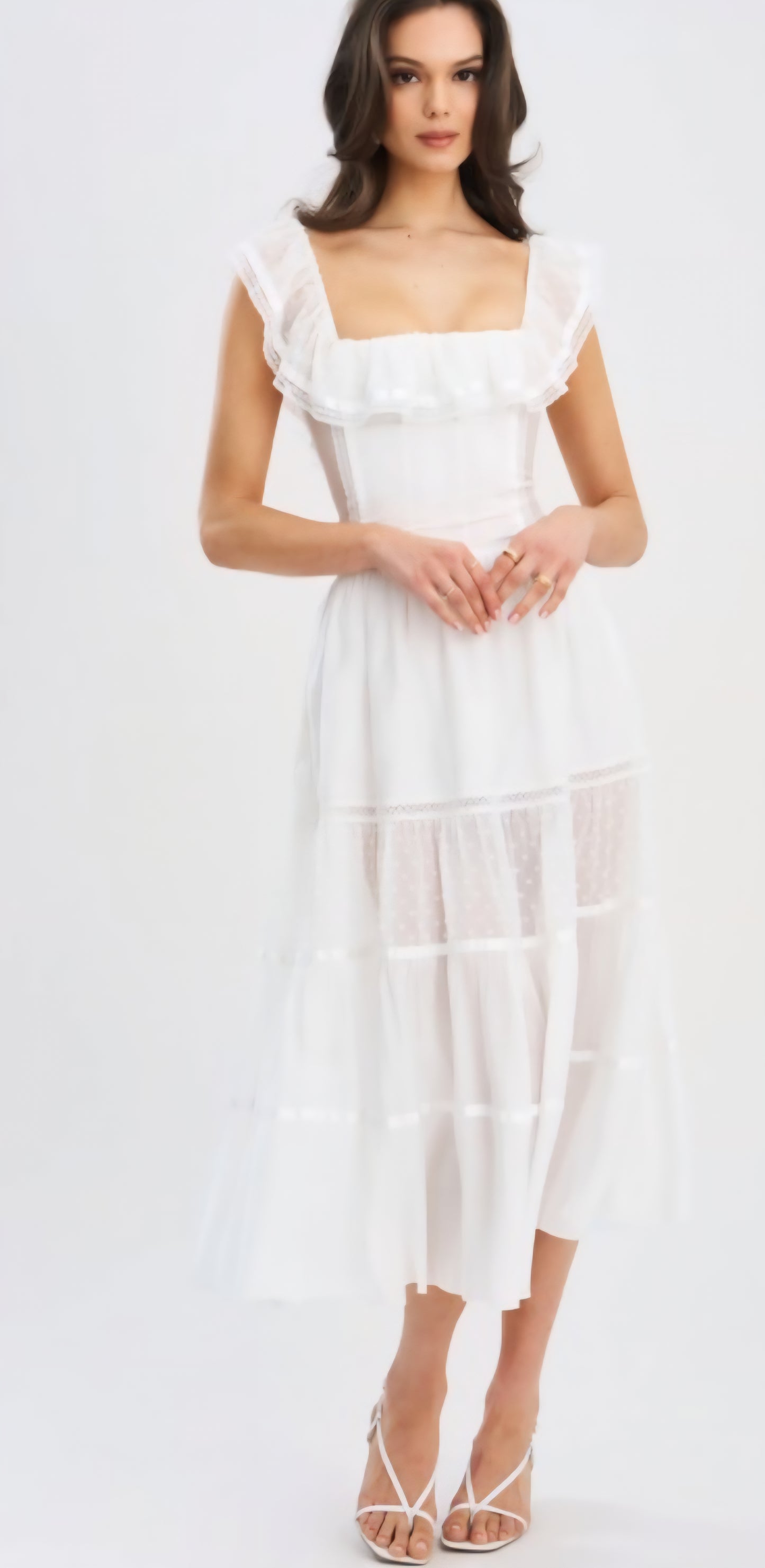 MISS CIRCLE EDEN SQUARE NECK RUFFLE MIDI DRESS