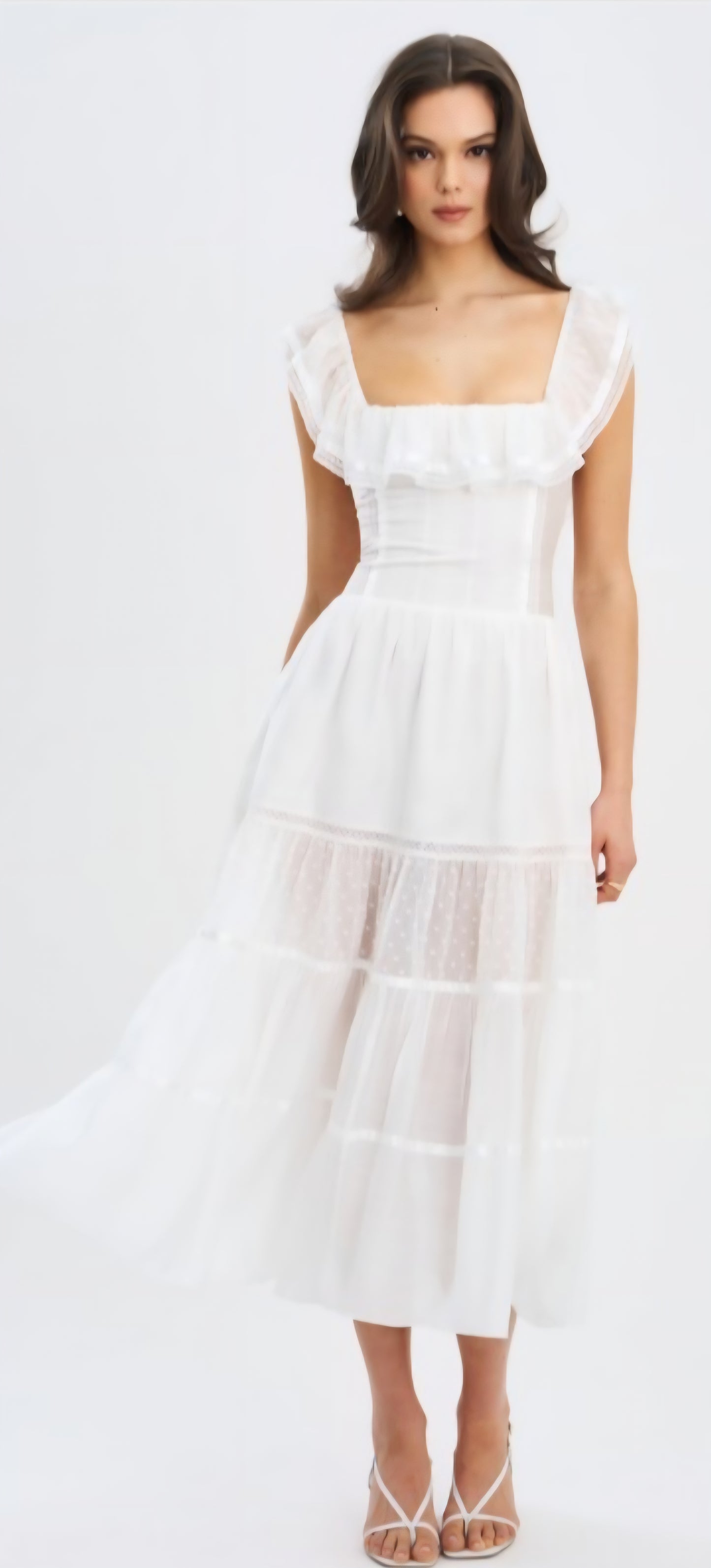 MISS CIRCLE EDEN SQUARE NECK RUFFLE MIDI DRESS