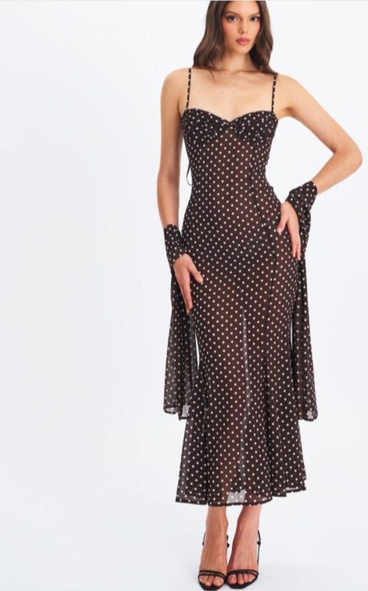MISS CIRCLE YADIRA POLKA DOT CHIFFON MIDI DRESS