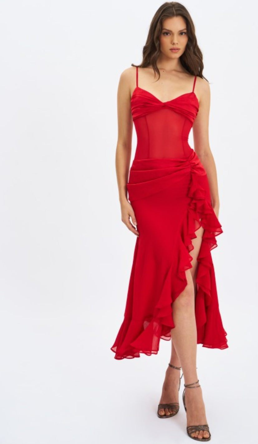 MISS CIRCLE DAHLINA RUCHED WAIST HIGH SLIT MAXI DRESS