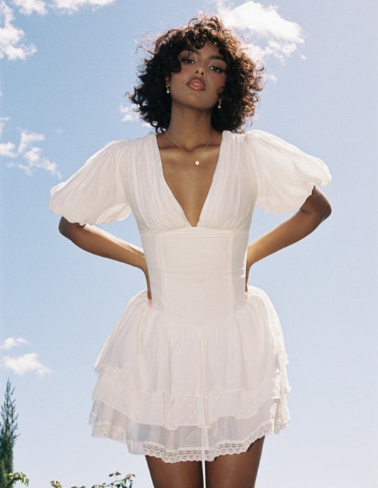 MISS CIRCLE CAITLYN BUBBLE SLEEVE TIERED MINI CORSET DRESS