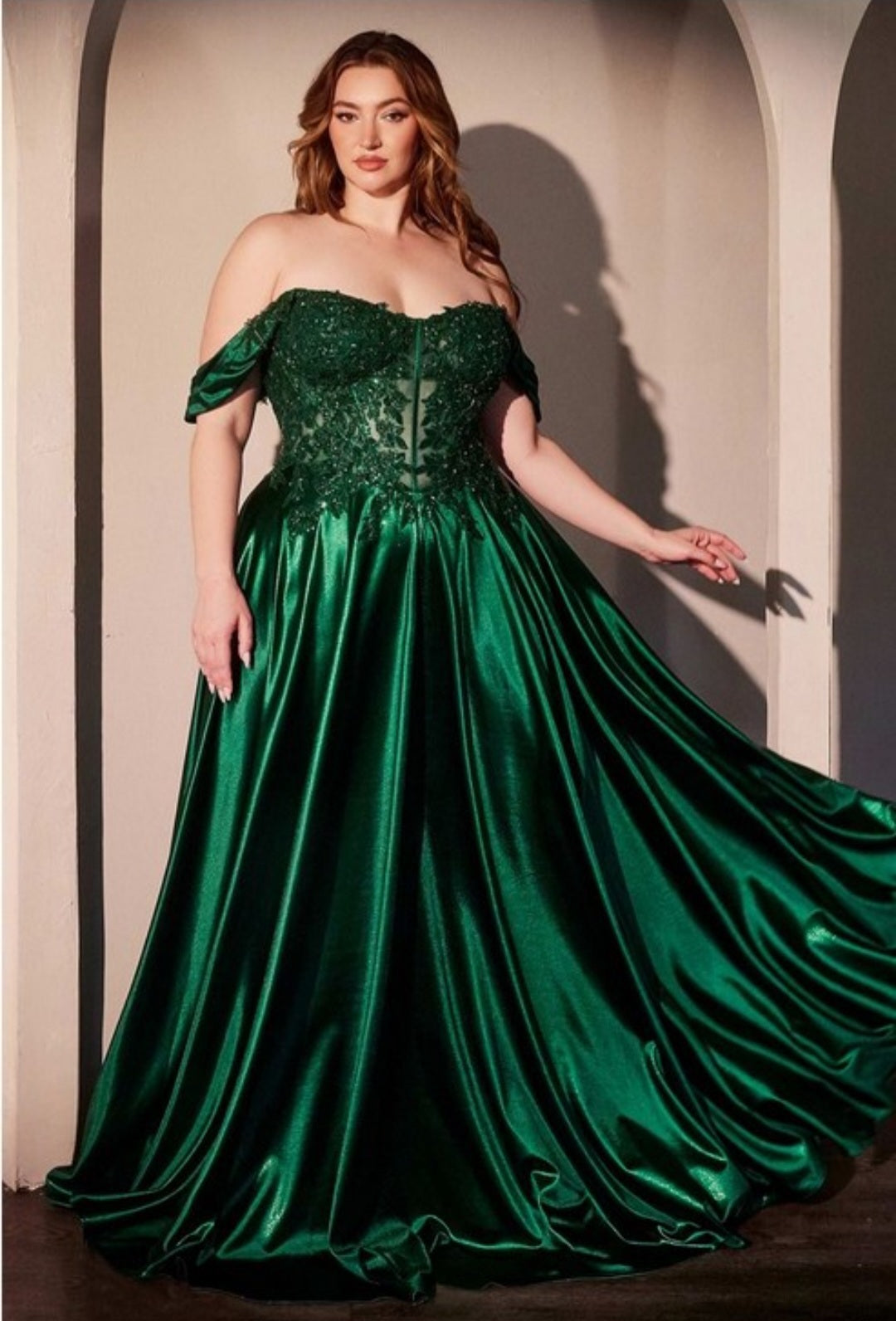 OFF THE SHOULDER LACE AND SATIN A LINE GOWN