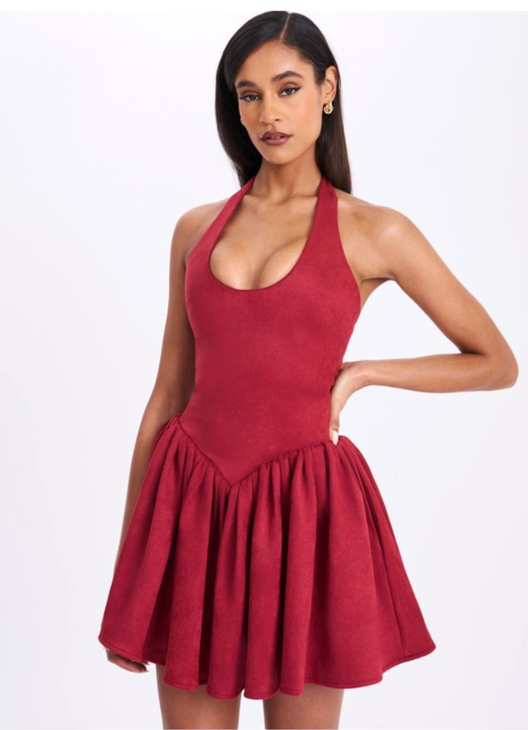MISS CIRCLE HADARA SUEDE HALTER MINI DRESS