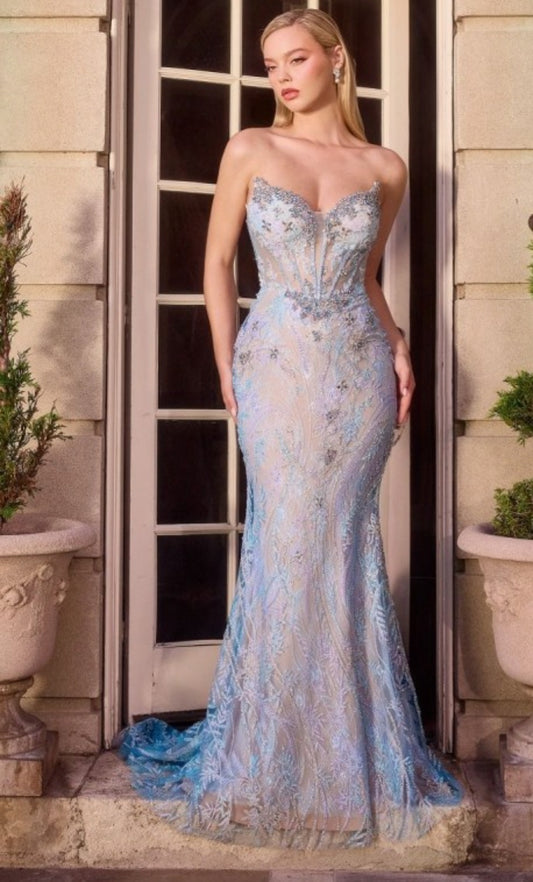 STRAPLESS FITTED SEQUIN GOWN