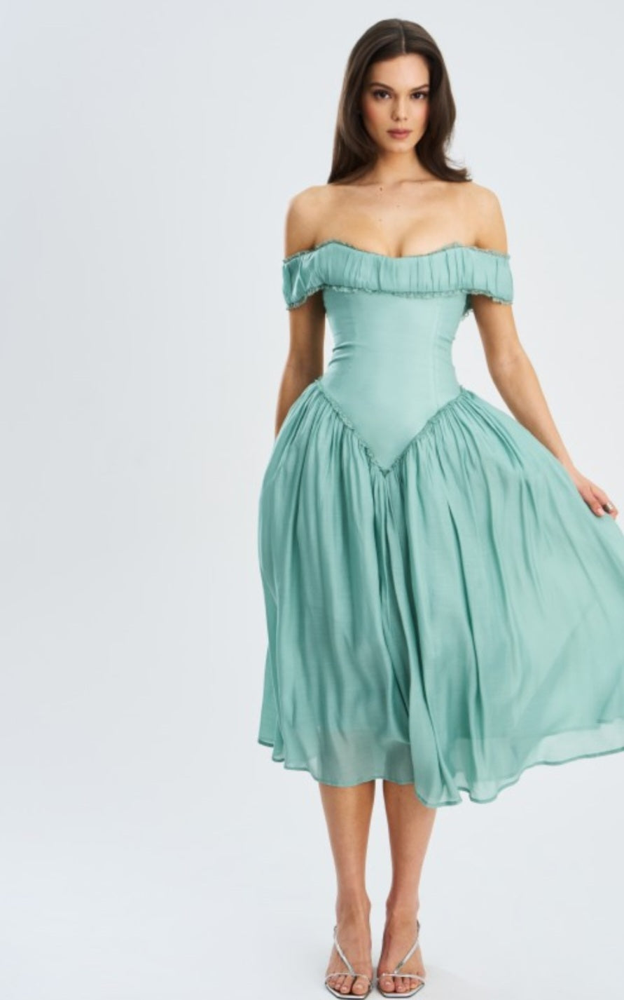 MISS CIRCLE OFF THE SHOULDER CORSET MIDI DRESS