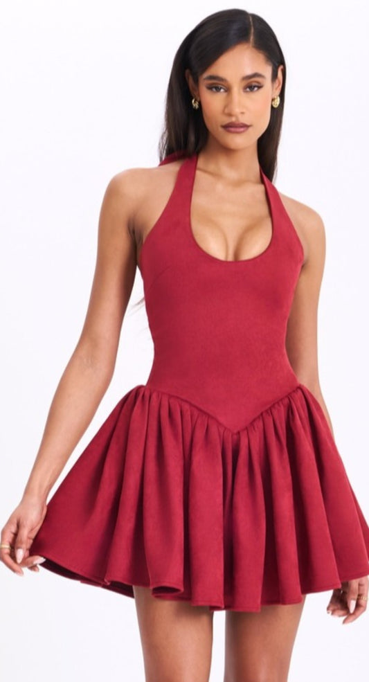 MISS CIRCLE HADARA SUEDE HALTER MINI DRESS