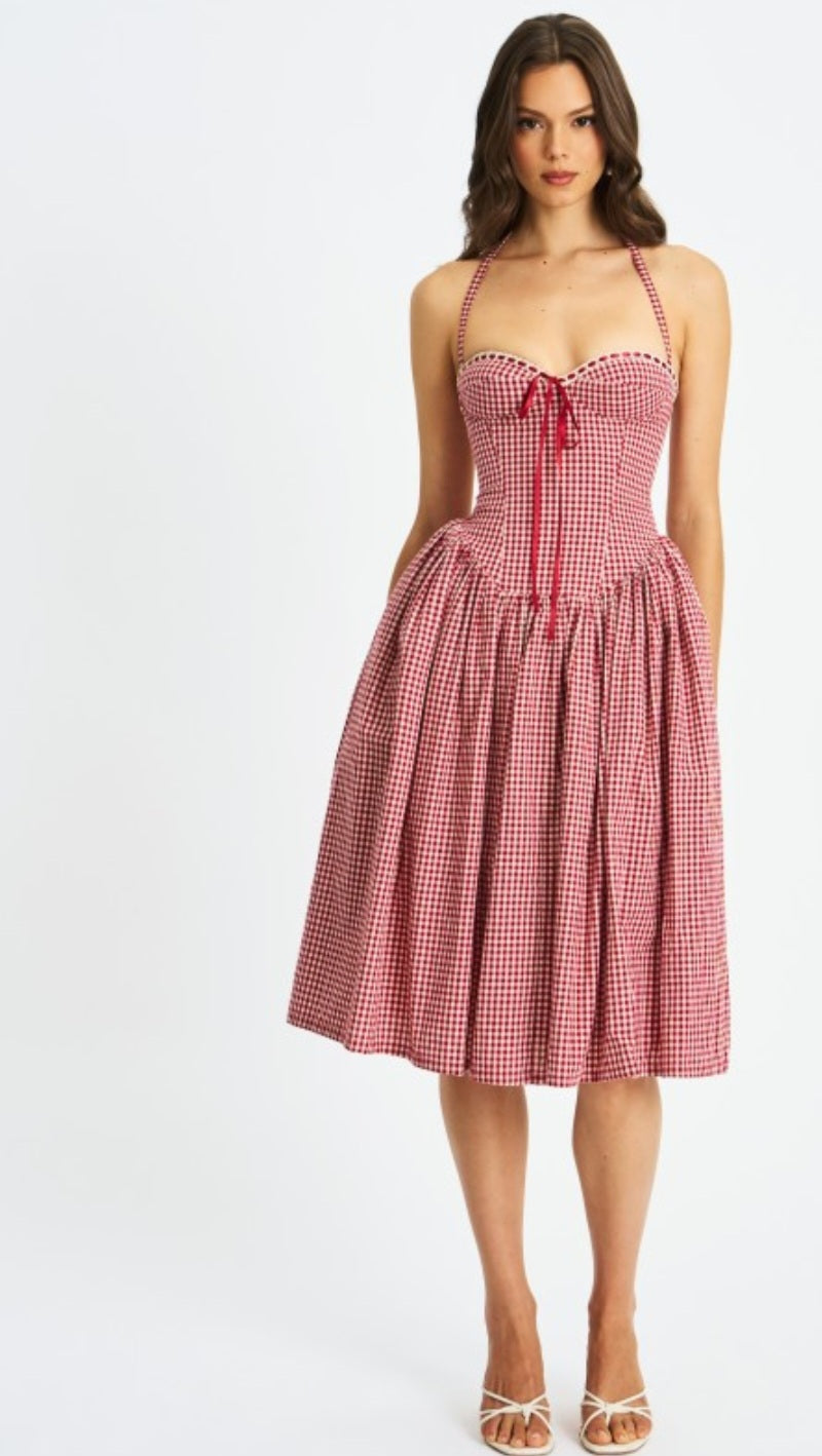 MISS CIRCLE SUSANNA GINGHAM HALTER DROP WAIST MIDI DRESS