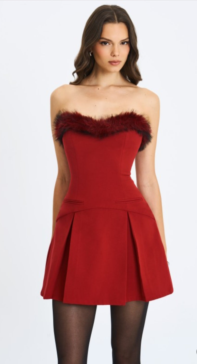 MISS CIRCLE NALIA FUR TRIMMED SWEETHEART MINI DRESS