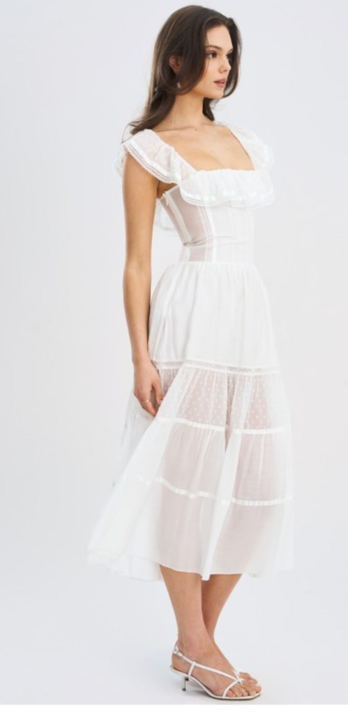 MISS CIRCLE EDEN SQUARE NECK RUFFLE MIDI DRESS