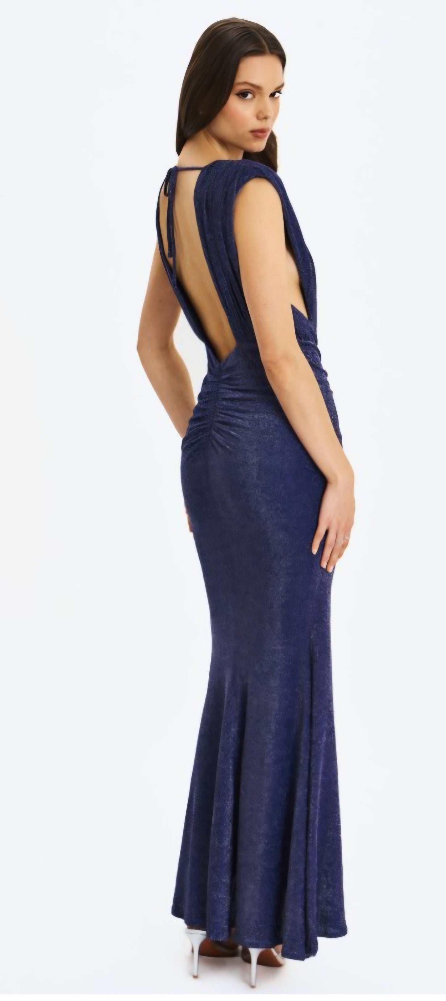 MISS CIRCLE TERI PLUNGING BACKLESS SPARKLE MAXI DRESS