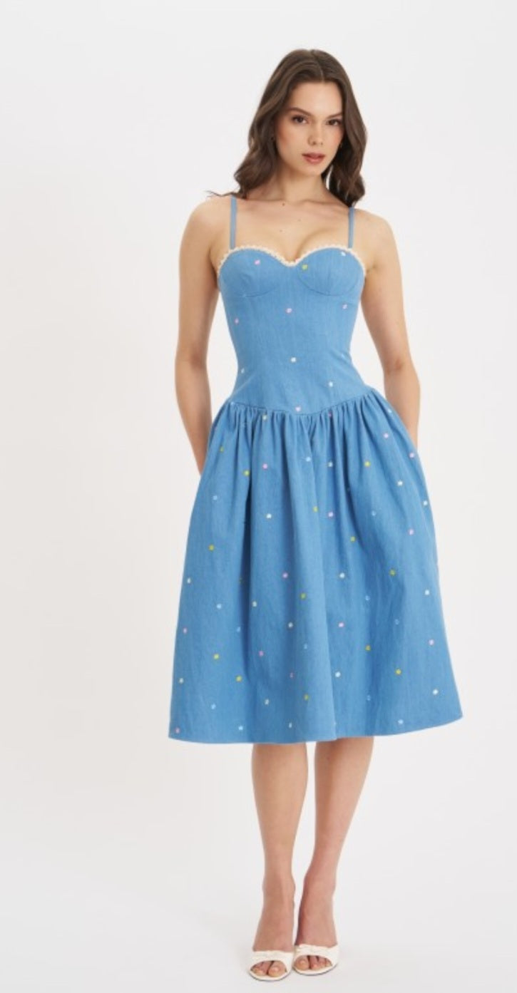 MISS CIRCLE ZADIE EMBROIDERED FLOWER MIDI DRESS