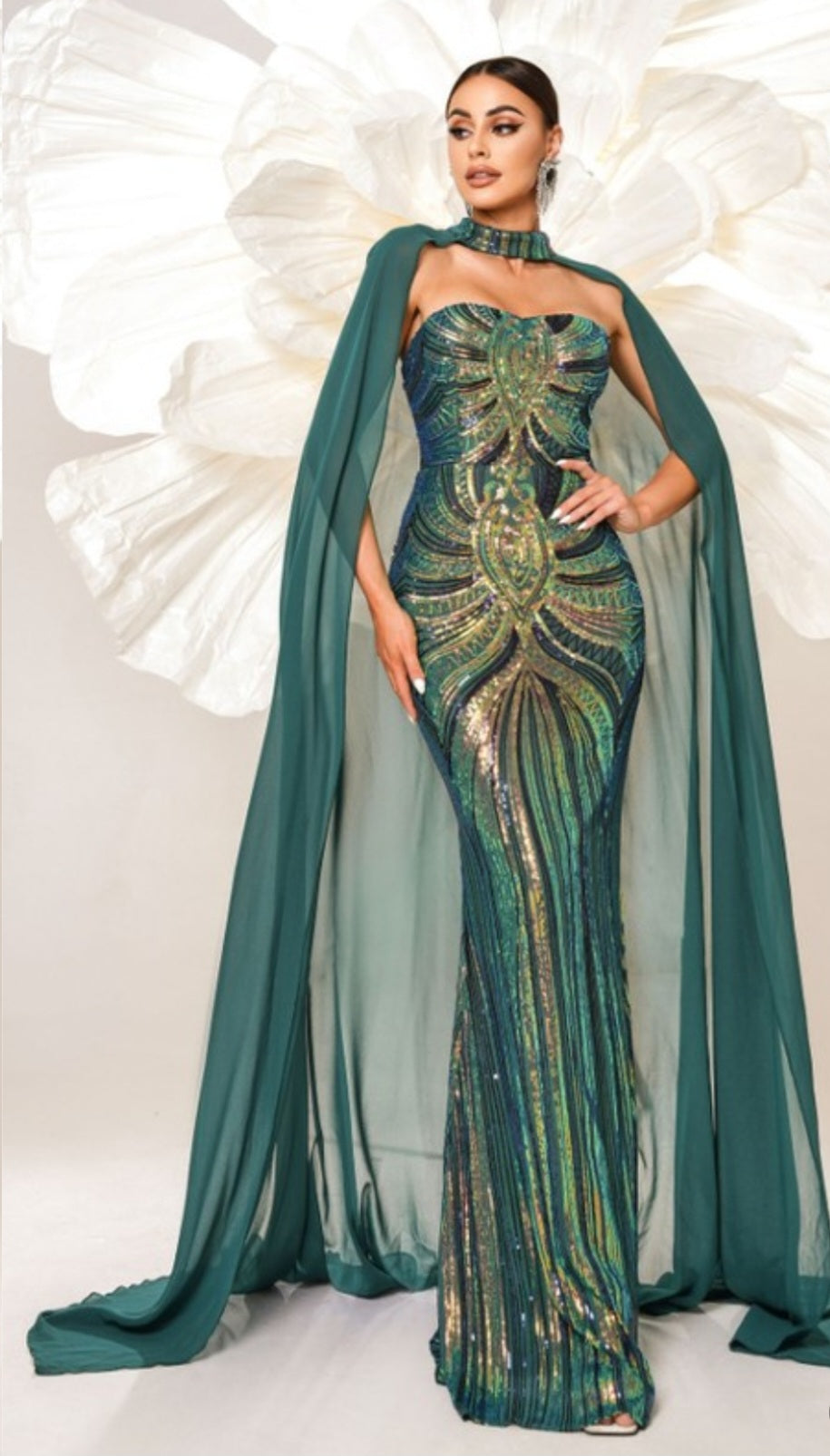 STRAPLESS SEQUIN CAPE MERMAID GOWN