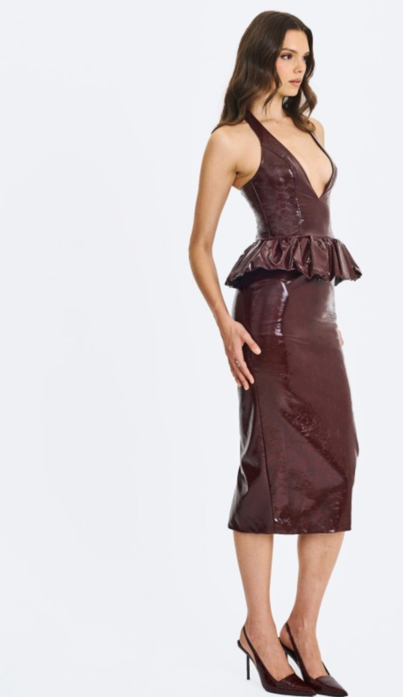 MISS CIRCLE JASLENE PEPLUM PLUNGE HALTER MIDI DRESS