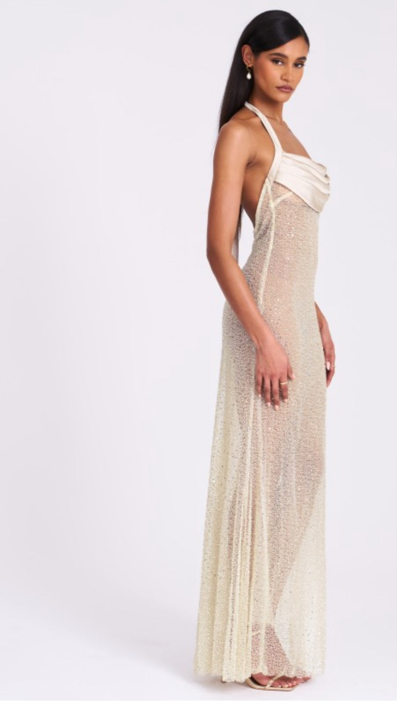 MISS CIRCLE ZAHYA BEADED HALTER BACKLESS MAXI DRESS