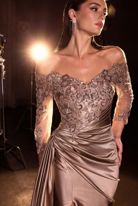 OFF THE SHOULDER LONG SLEEVE LACE AND SATIN GOWN
