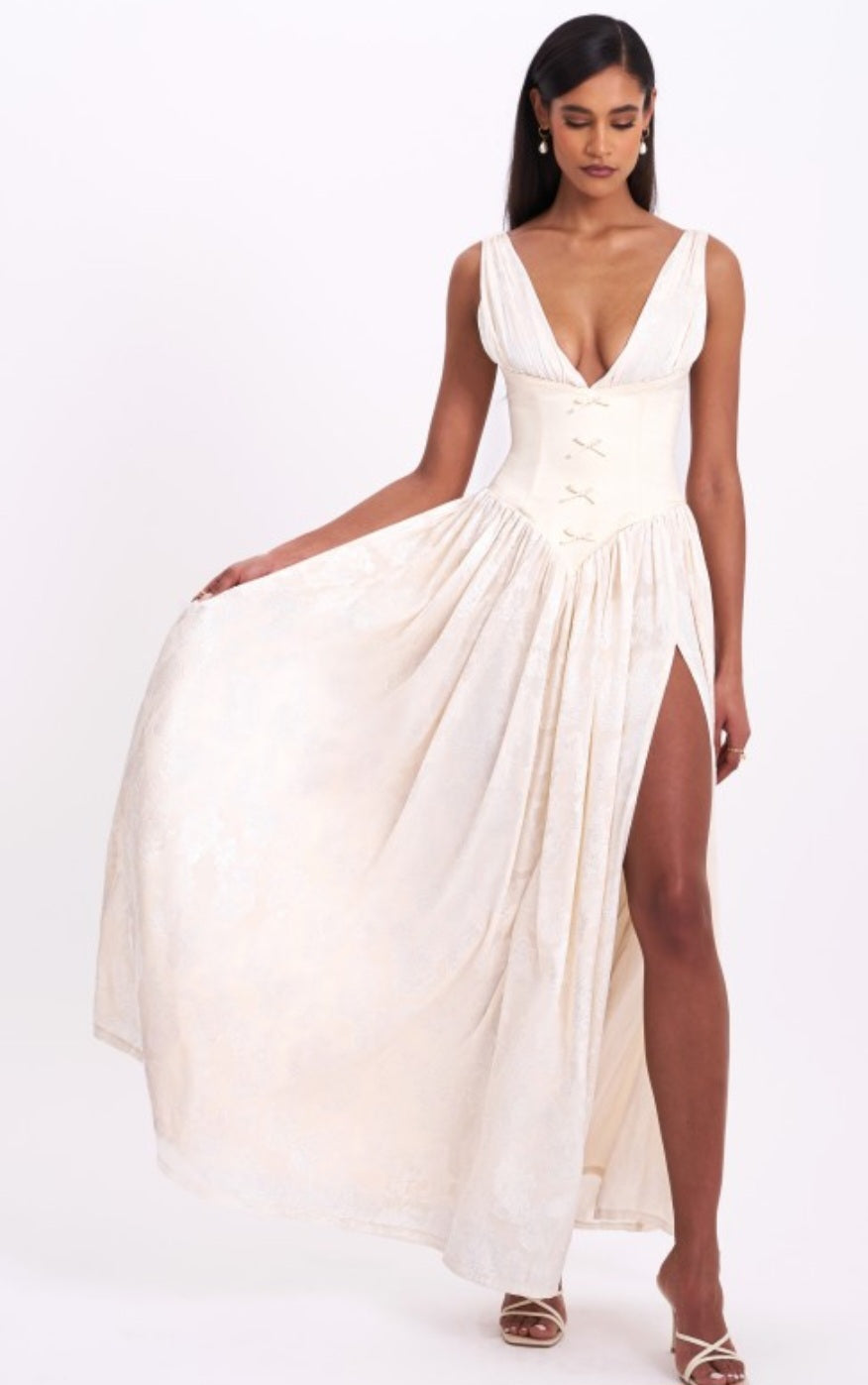MISS CIRCLE SABRINA JACQUARD HIGH SLIT MAXI DRESS