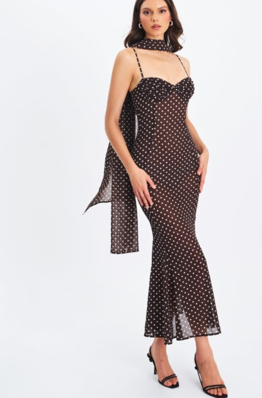 MISS CIRCLE YADIRA POLKA DOT CHIFFON MIDI DRESS