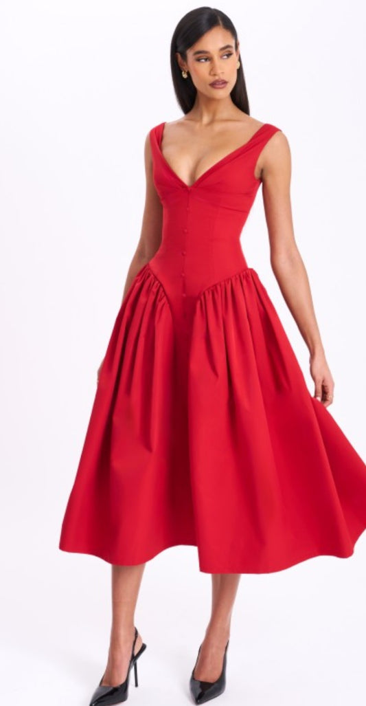 MISS CIRCLE NAHLA DROP WAIST MIDI DRESS WITH BUTTONS