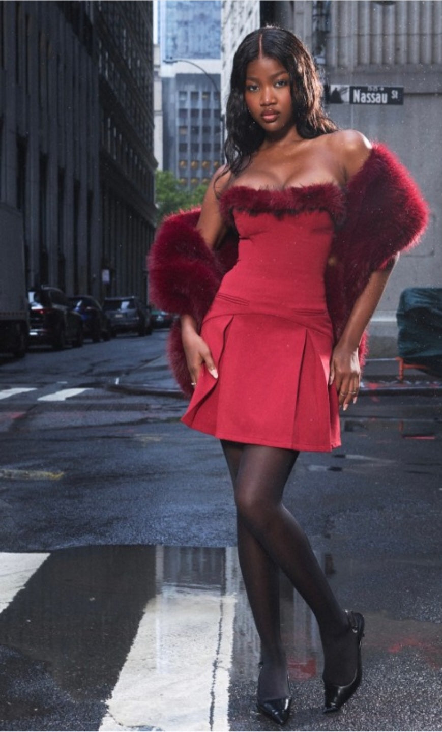 MISS CIRCLE NALIA FUR TRIMMED SWEETHEART MINI DRESS