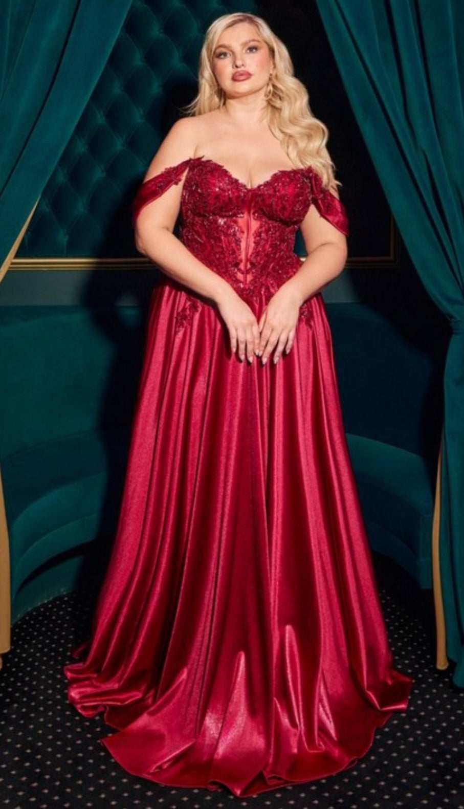OFF THE SHOULDER LACE AND SATIN A LINE GOWN