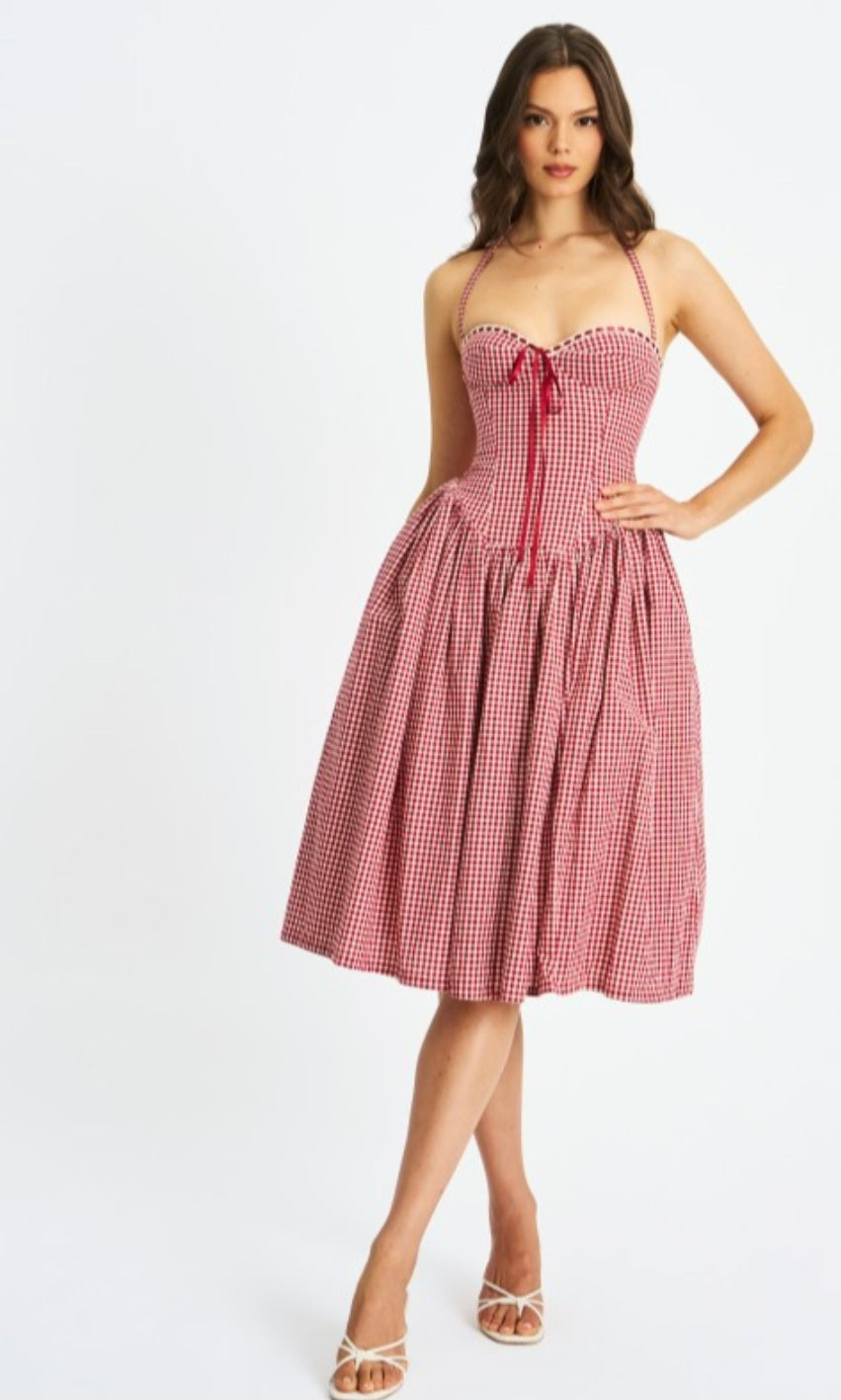 MISS CIRCLE SUSANNA GINGHAM HALTER DROP WAIST MIDI DRESS