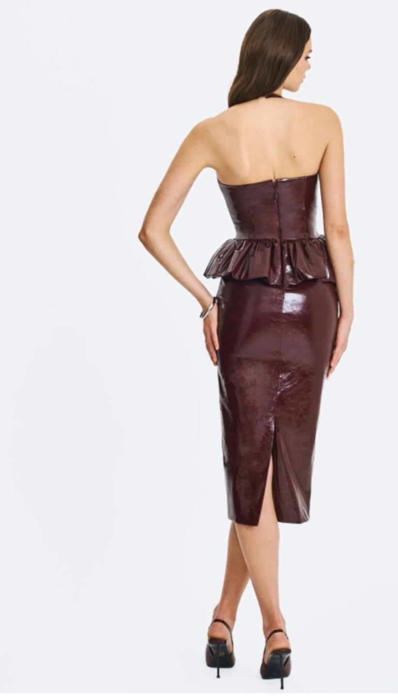 MISS CIRCLE JASLENE PEPLUM PLUNGE HALTER MIDI DRESS