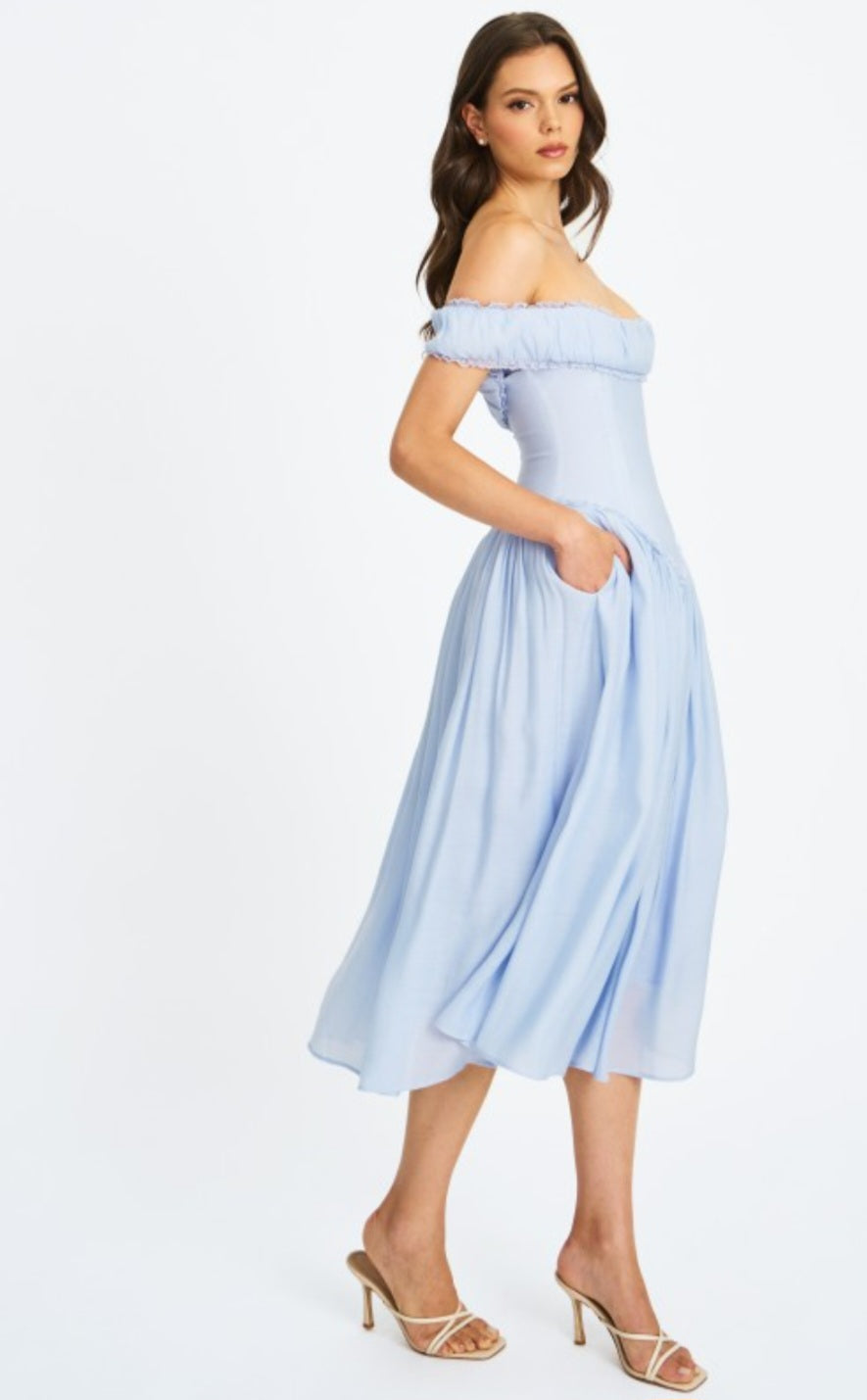 MISS CIRCLE OFF THE SHOULDER CORSET MIDI DRESS