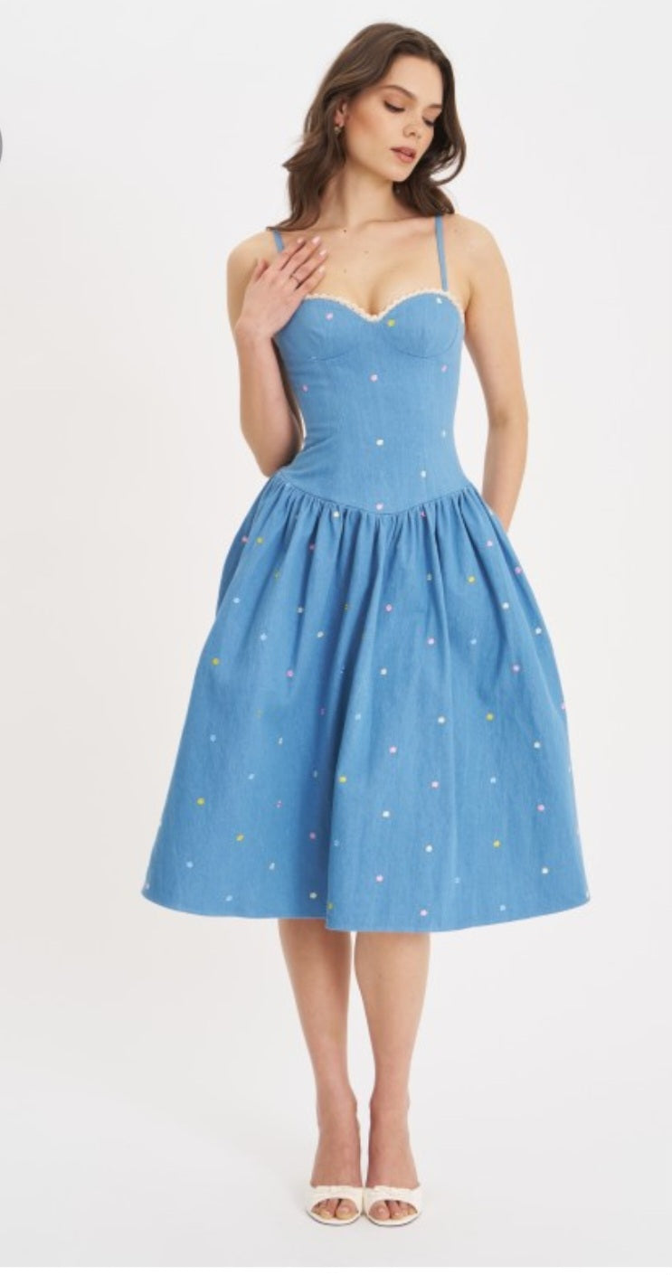 MISS CIRCLE ZADIE EMBROIDERED FLOWER MIDI DRESS