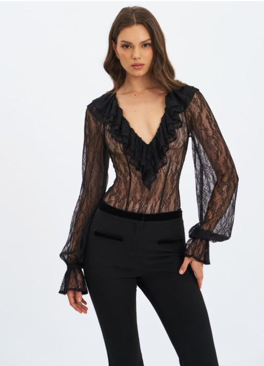 MISS CIRCLE TALIAH SHEER LACE RUFFLE COLLAR BODYSUIT