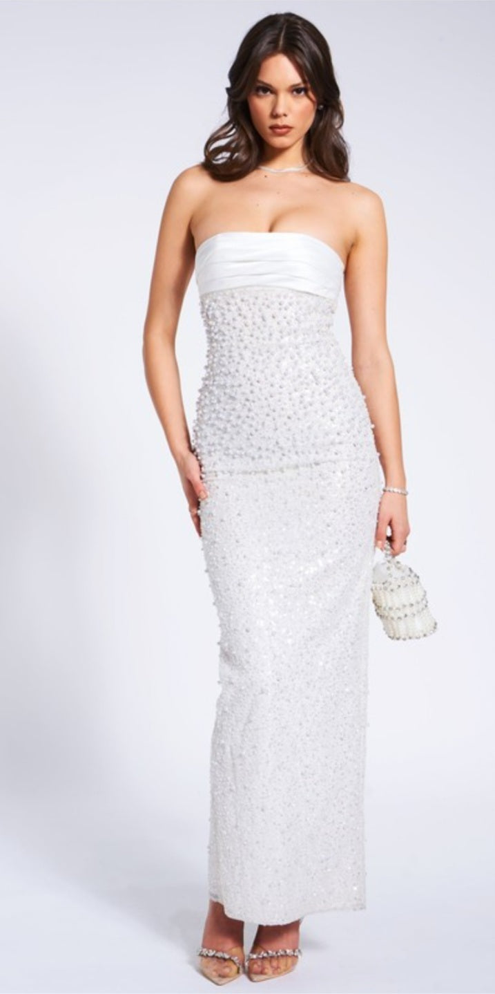 MISS CIRCLE LAINEY SEQUIN PEARLS BEADED MAXI DRESS