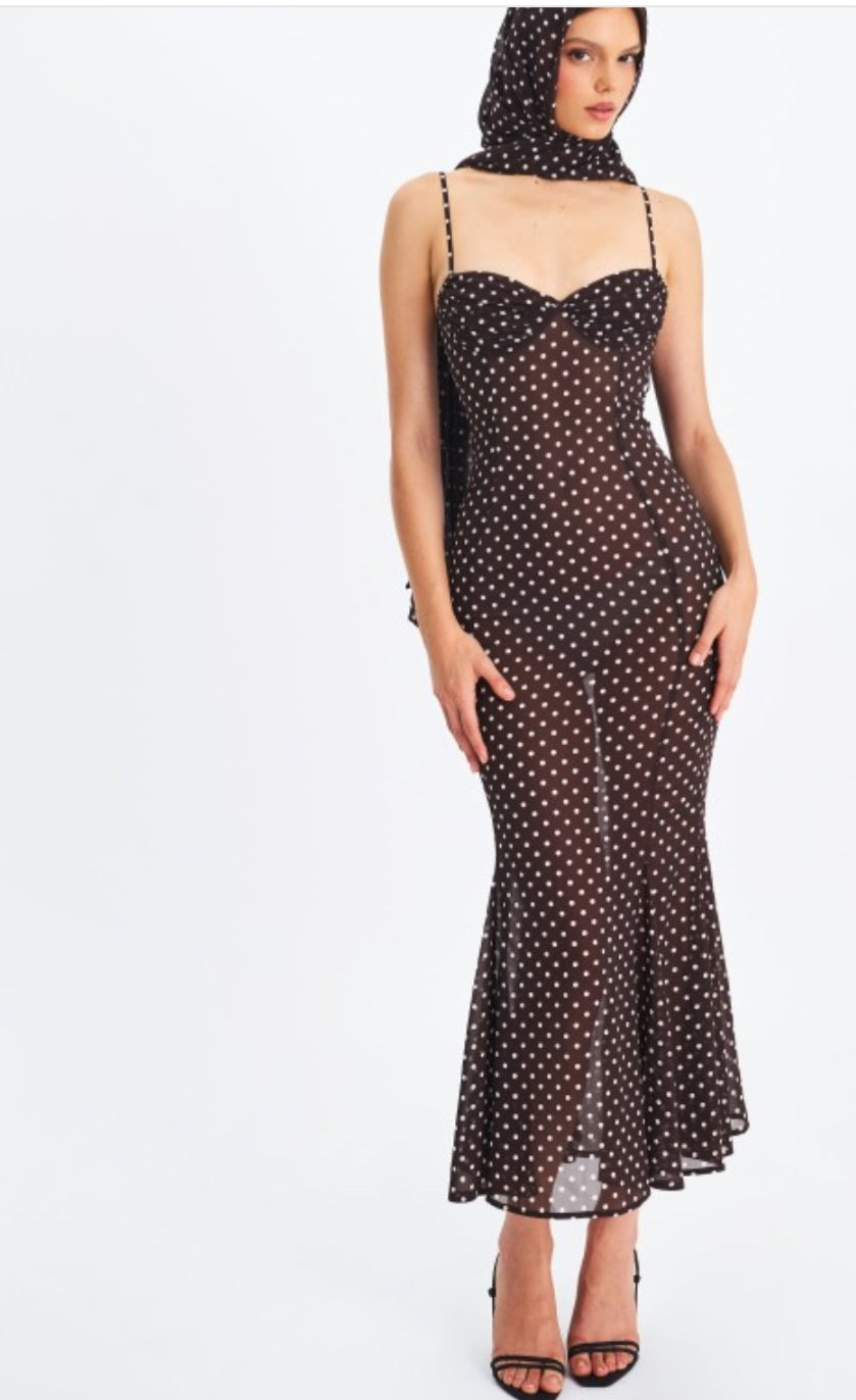 MISS CIRCLE YADIRA POLKA DOT CHIFFON MIDI DRESS