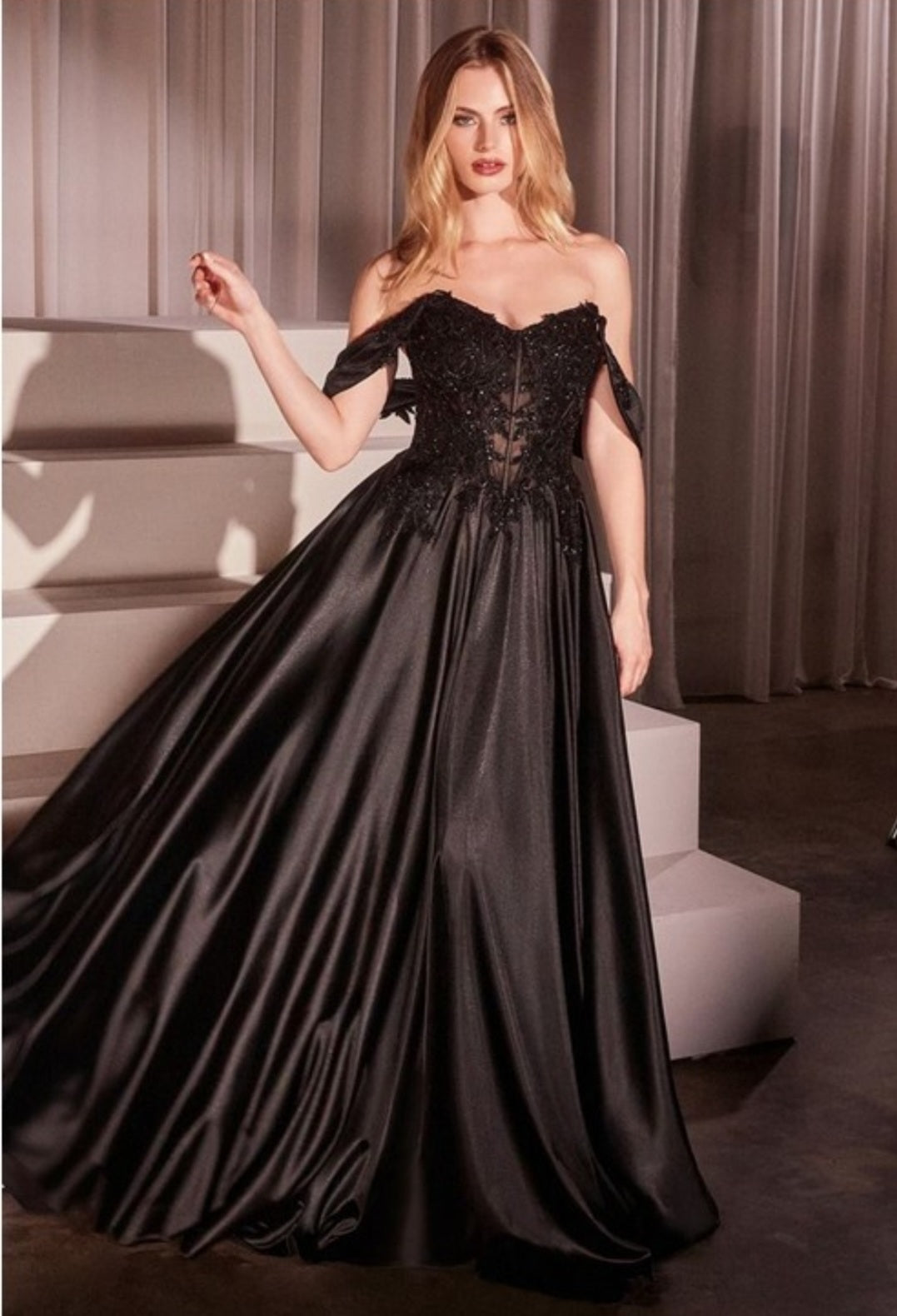 OFF THE SHOULDER LACE AND SATIN A LINE GOWN