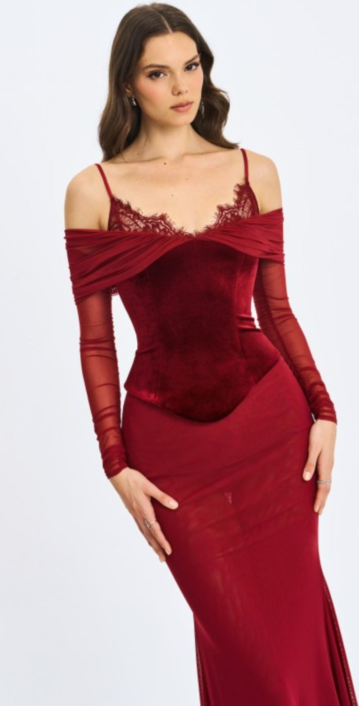 MISS CIRCLE MAYBELLE LACE STRAP PEPLUM MAXI DRESS