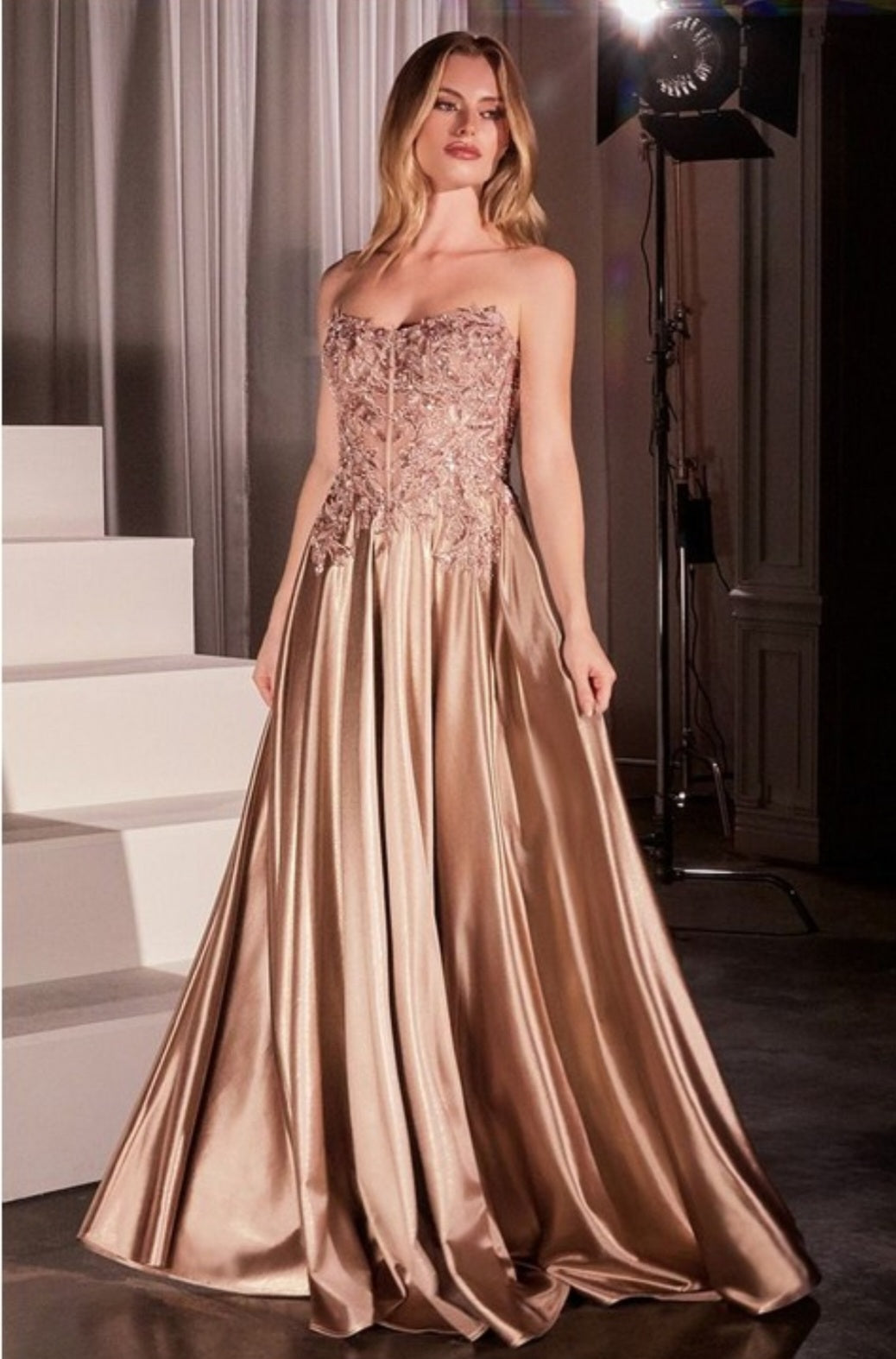 OFF THE SHOULDER LACE AND SATIN A LINE GOWN