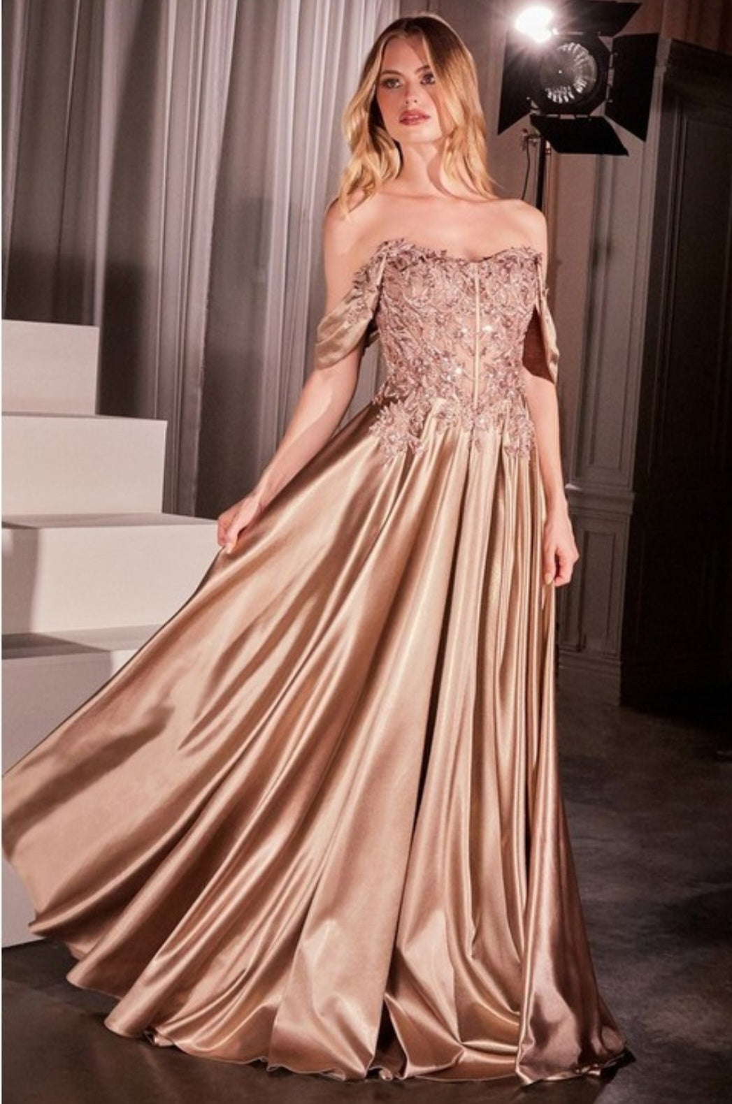 OFF THE SHOULDER LACE AND SATIN A LINE GOWN