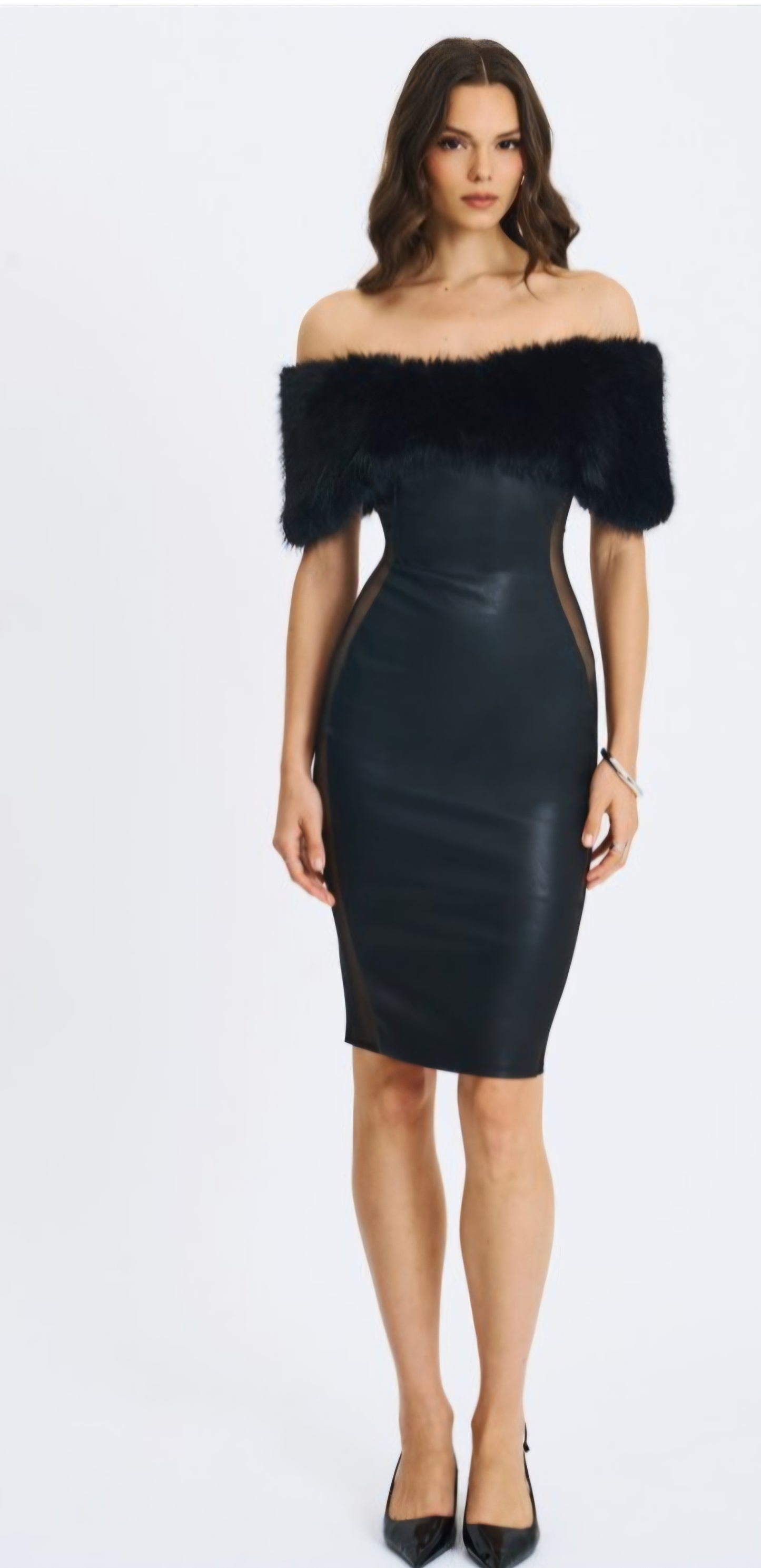 MISS CIRCLE BELLIS FUR TRIMMED MESH OFF THE SHOULDER MIDI DRESS
