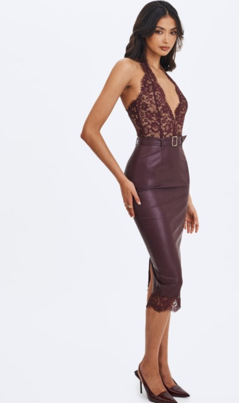 MISS CIRCLE FIERA PLUNGING HALTER MIDI DRESS