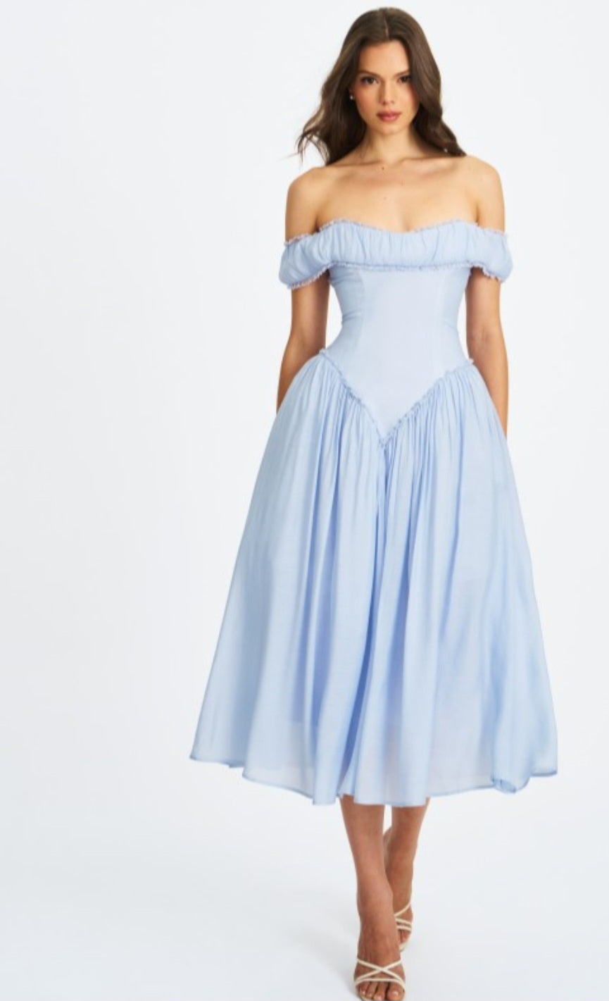 MISS CIRCLE OFF THE SHOULDER CORSET MIDI DRESS