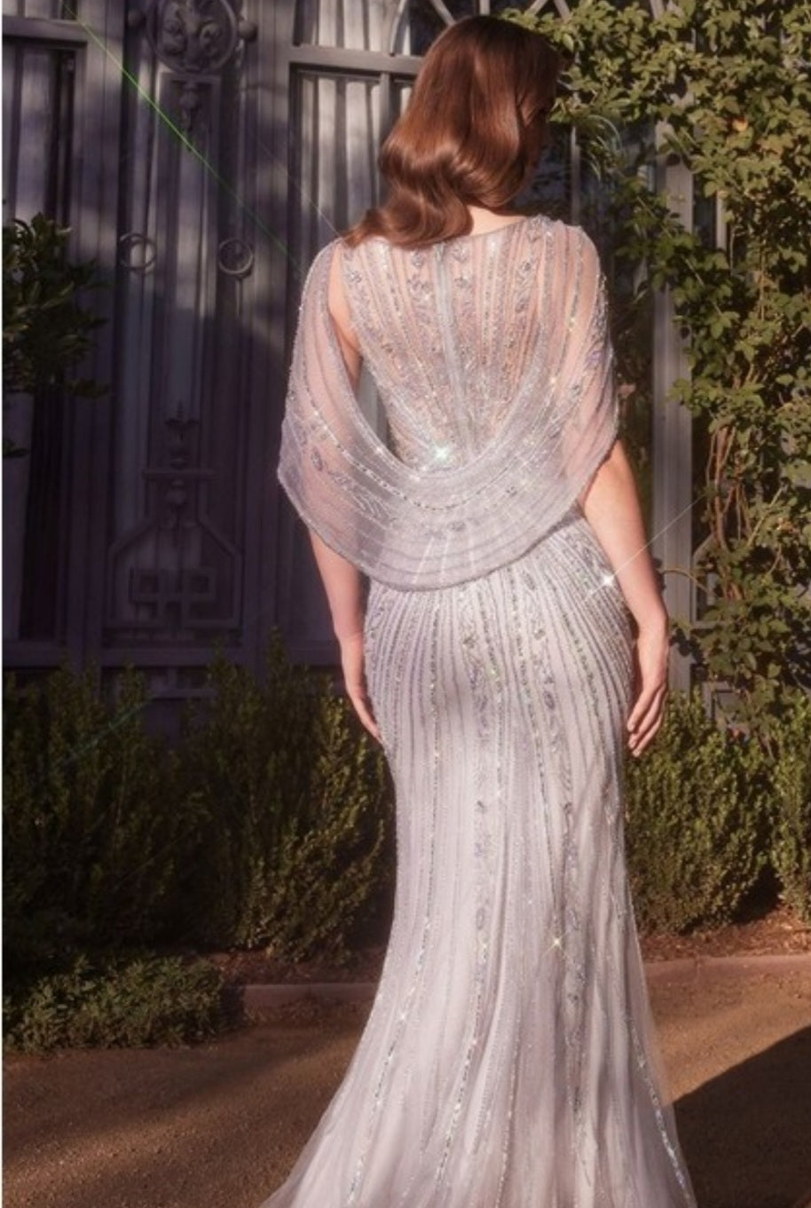 SHOULDER DRAPE CRYSTAL BEADED GOWN