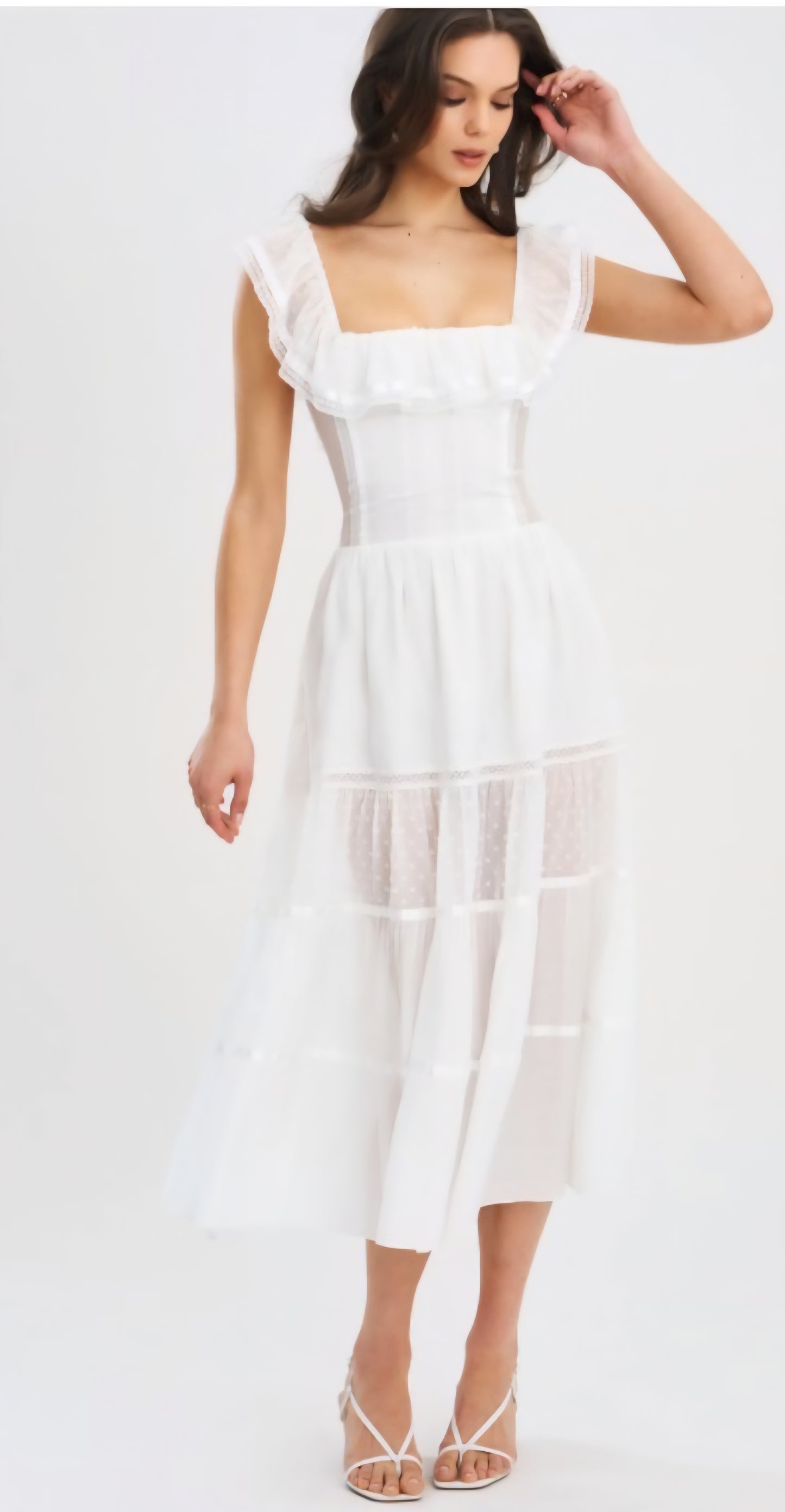 MISS CIRCLE EDEN SQUARE NECK RUFFLE MIDI DRESS