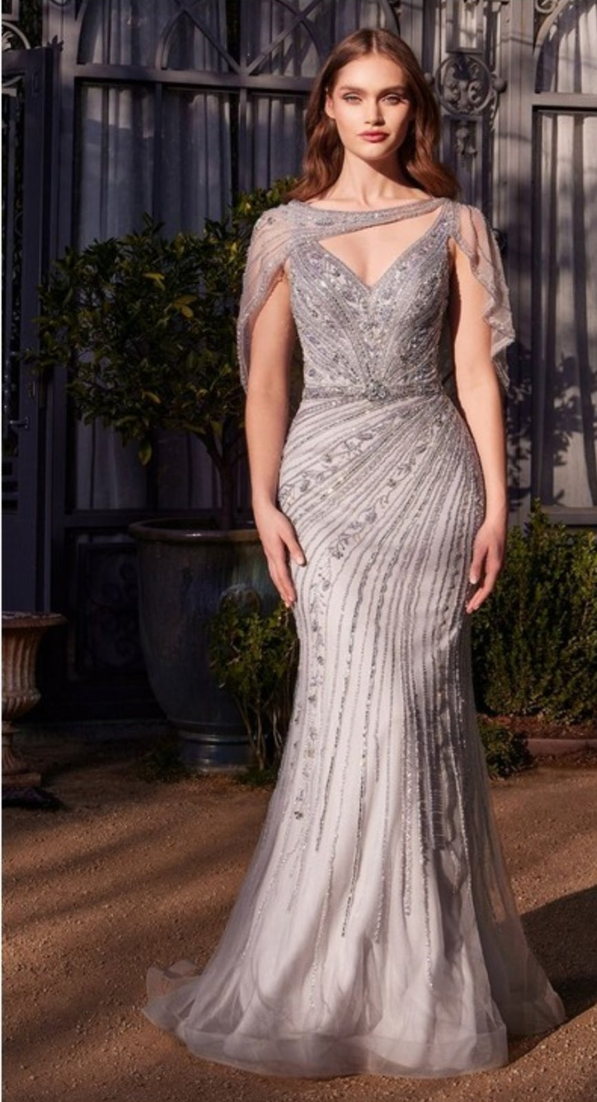 SHOULDER DRAPE CRYSTAL BEADED GOWN