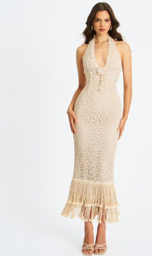 MISS CIRCLE FAELYN DOUBLE FRINGE CROCHET MAXI DRESS