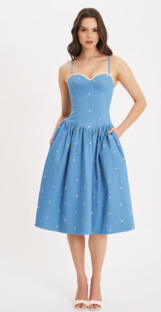 MISS CIRCLE ZADIE EMBROIDERED FLOWER MIDI DRESS