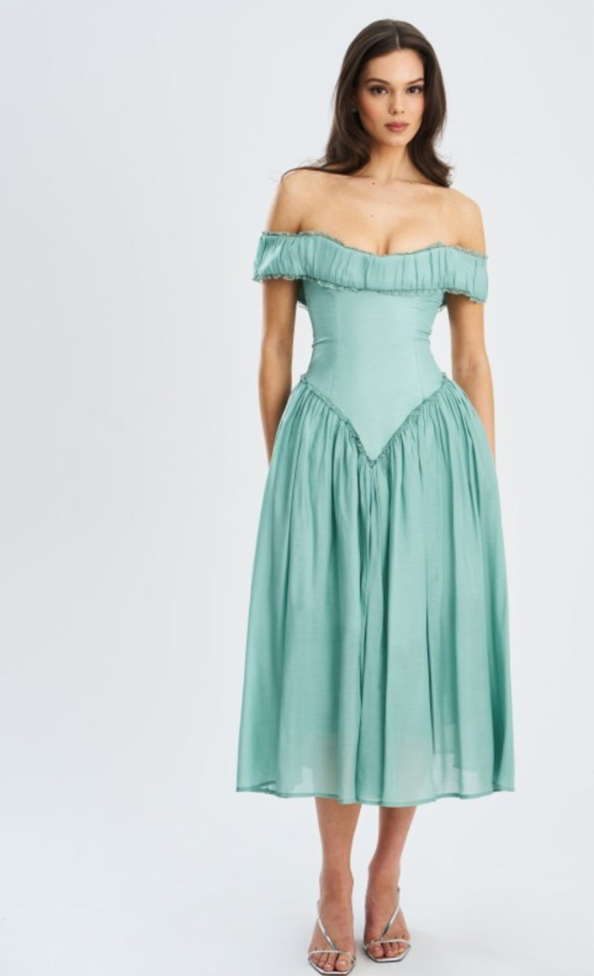 MISS CIRCLE OFF THE SHOULDER CORSET MIDI DRESS