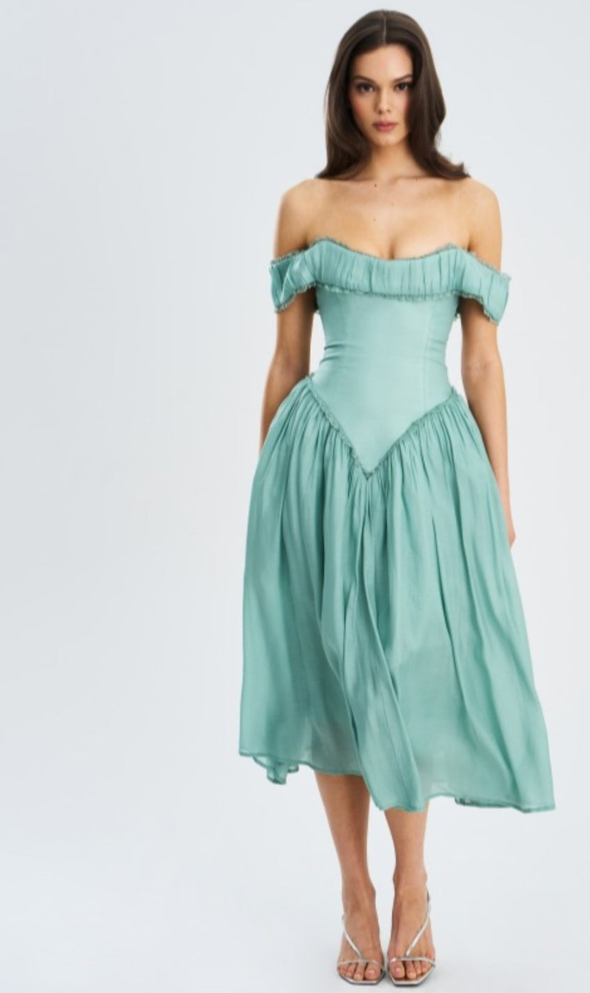 MISS CIRCLE OFF THE SHOULDER CORSET MIDI DRESS
